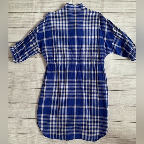 Zara Linen-Cotton Blend Blue Gingham Check Shirt Dress with Drawstring Waist - Picture 4 of 14